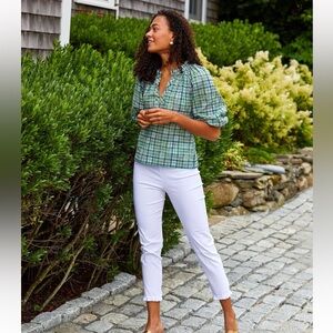 Sara Campbell 100% Cotton Top green cream plaid puff sleeve size medium